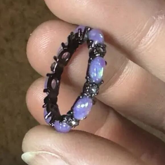 Iridescent Opal Ring with Black Band Sz 9 - Picture 2 of 9